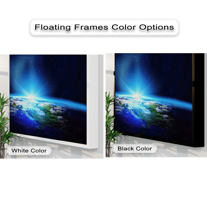 Light and shadow play across glowing Earth canvas pictures, offered with crisp white and striking black floating frames.