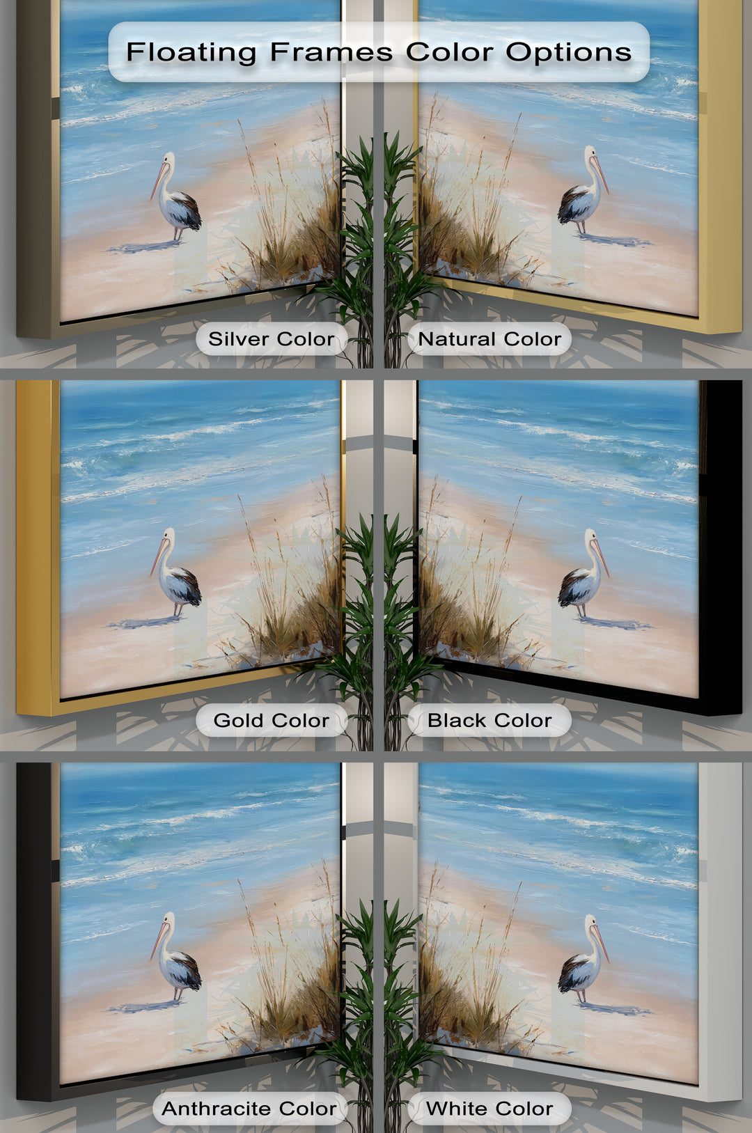 Highlighting the darkest area, this showcases various floating frame colors for the coastal pelican beach scene, a demonstration of best canvas prints for serene ocean wildlife wall art.