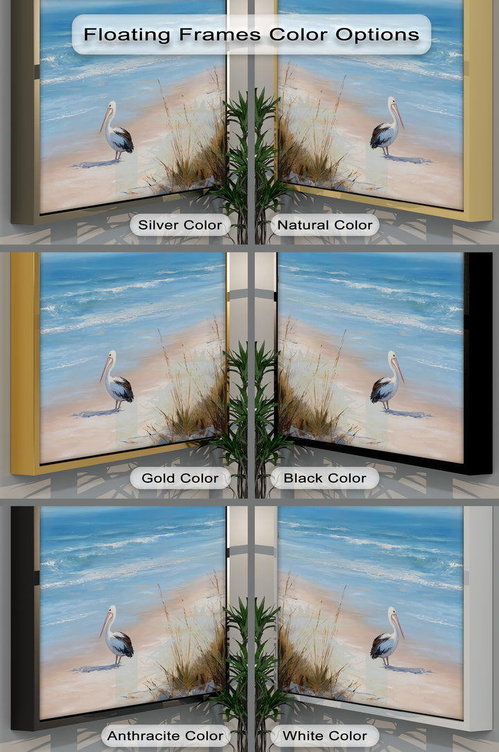 Highlighting the darkest area, this showcases various floating frame colors for the coastal pelican beach scene, a demonstration of best canvas prints for serene ocean wildlife wall art.
