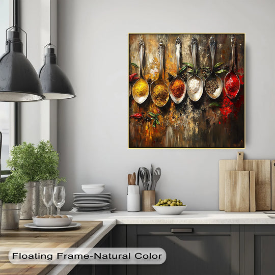 Foreground corner reveals the rich textures and vibrant colors of the Spice Symphony kitchen canvas print in a high quality canvas prints format.