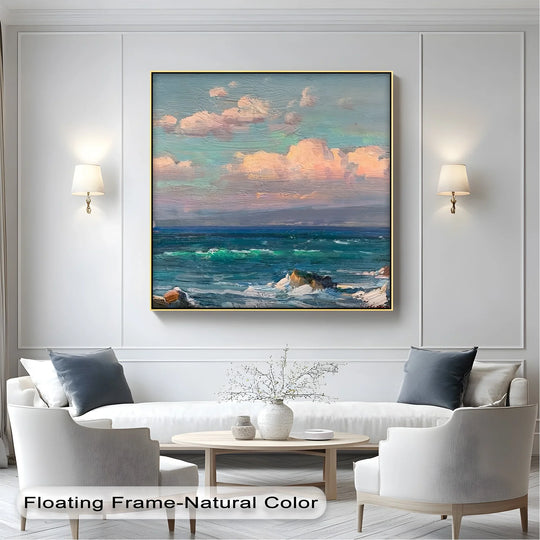 Superb framed canvas quality is apparent in this romantic coastal canvas print, showcasing twilight hues over a textured sea with a serene rocky coastline.