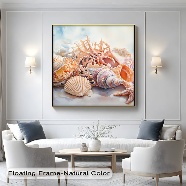 Bring home a piece of the ocean with this ocean themed canvas—its detailed shells and dreamy hues elevate any modern coastal interior.

