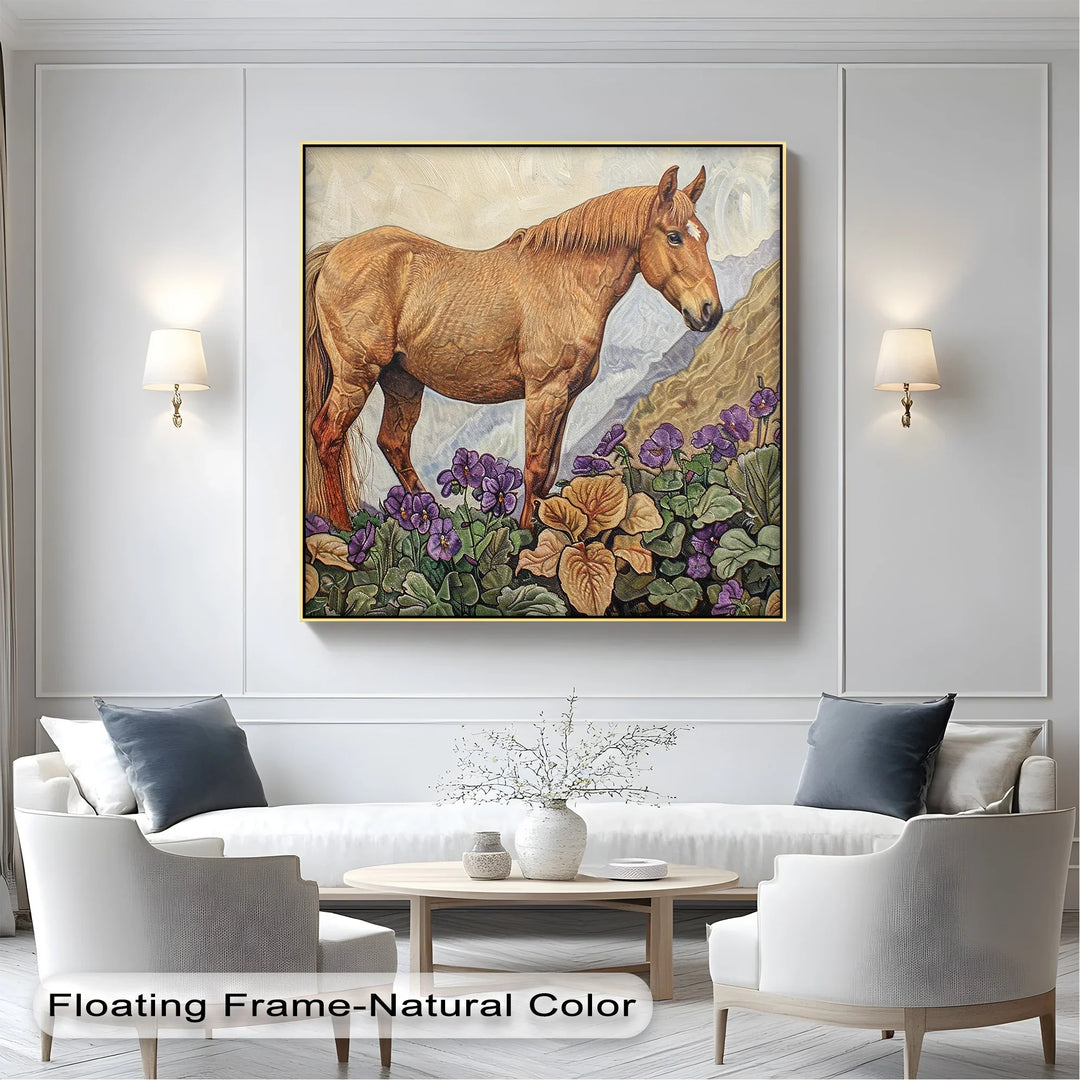 Golden Serenity – Horse Among Violet Blossoms Animal Canvas Print - MyPhotoStation
