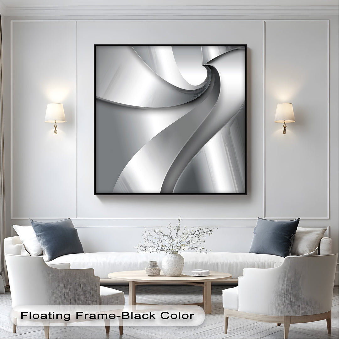 Organic, flowing silver and gray forms create a captivating design in this big canvas print of minimalist abstract wall art.