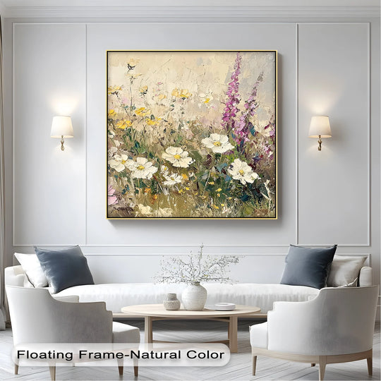 Vertical rectangular big canvas prints showcase a 'Soft Petals Symphony – Textured Wildflower Field Canvas Print' with a gold floating frame.