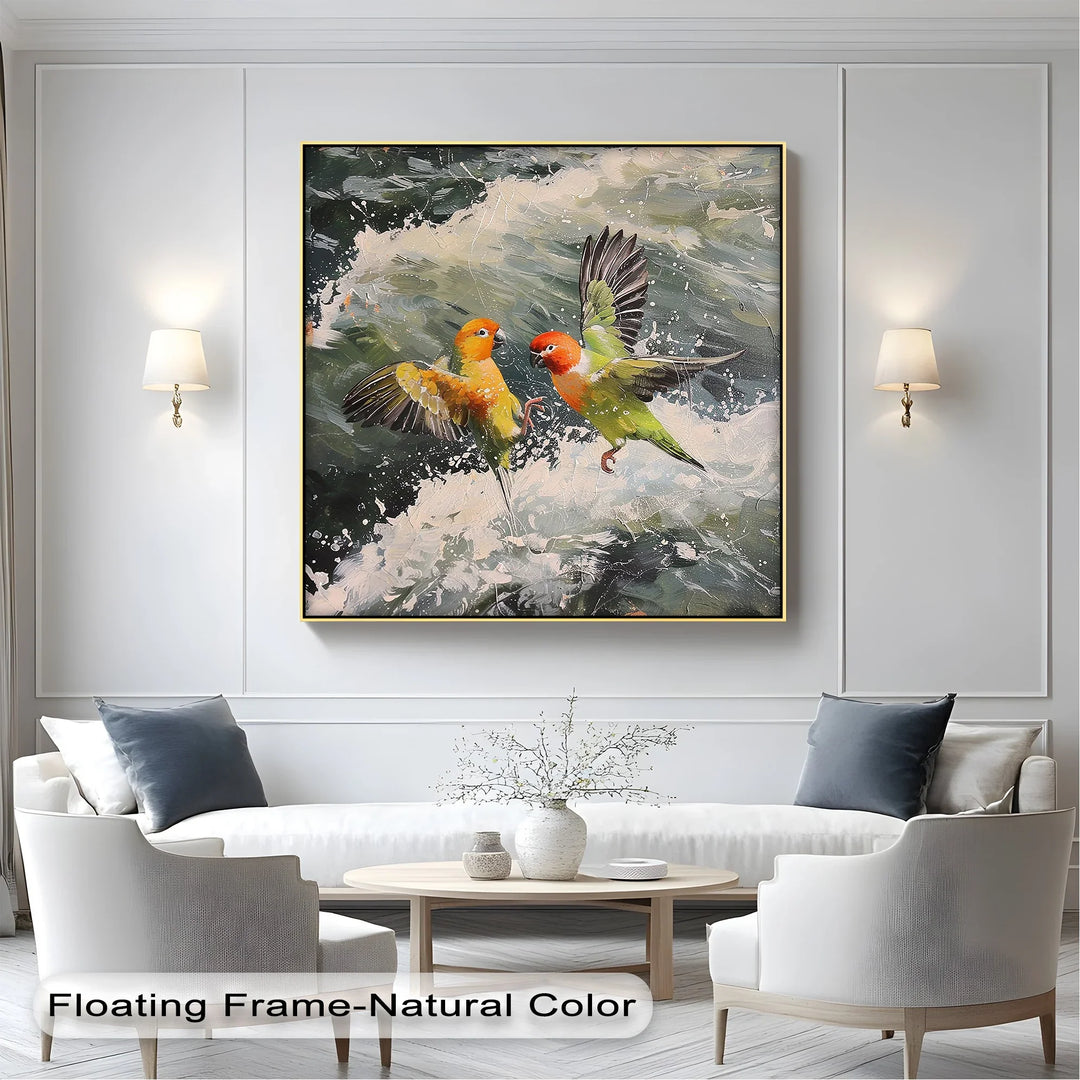 Splash of Love – Colorful Lovebirds Over Ocean Waves Animal Canvas Print - MyPhotoStation