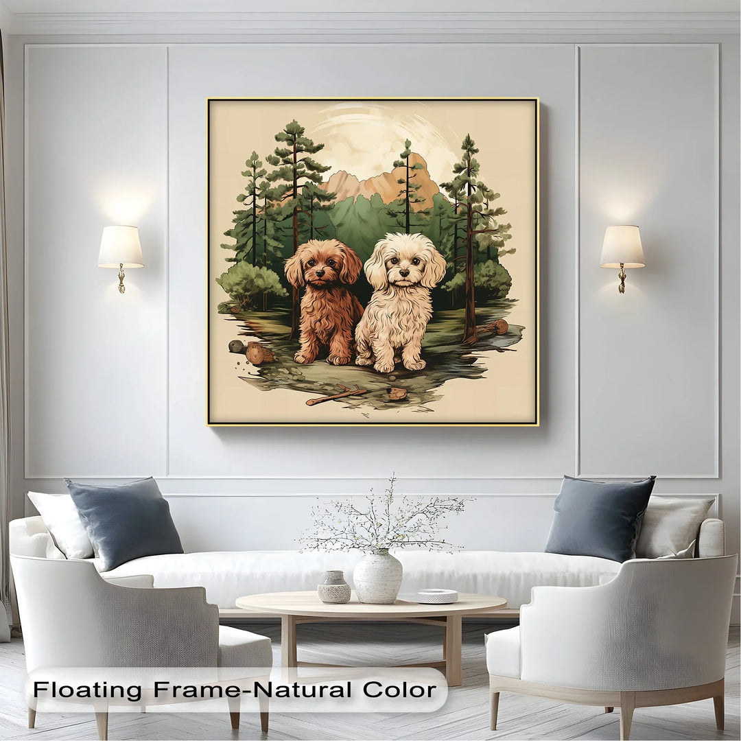Wilderness Companions – Two Puppies in Forest Mountain Scene Canvas Print - MyPhotoStation
