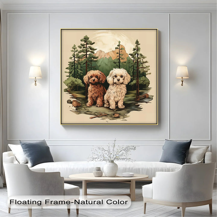 Wilderness Companions – Two Puppies in Forest Mountain Scene Canvas Print - MyPhotoStation