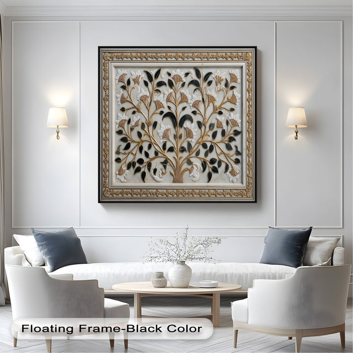 A pristine white living space highlights a unique canvas print depicting an elegant gold botanical floral ornament on the wall.