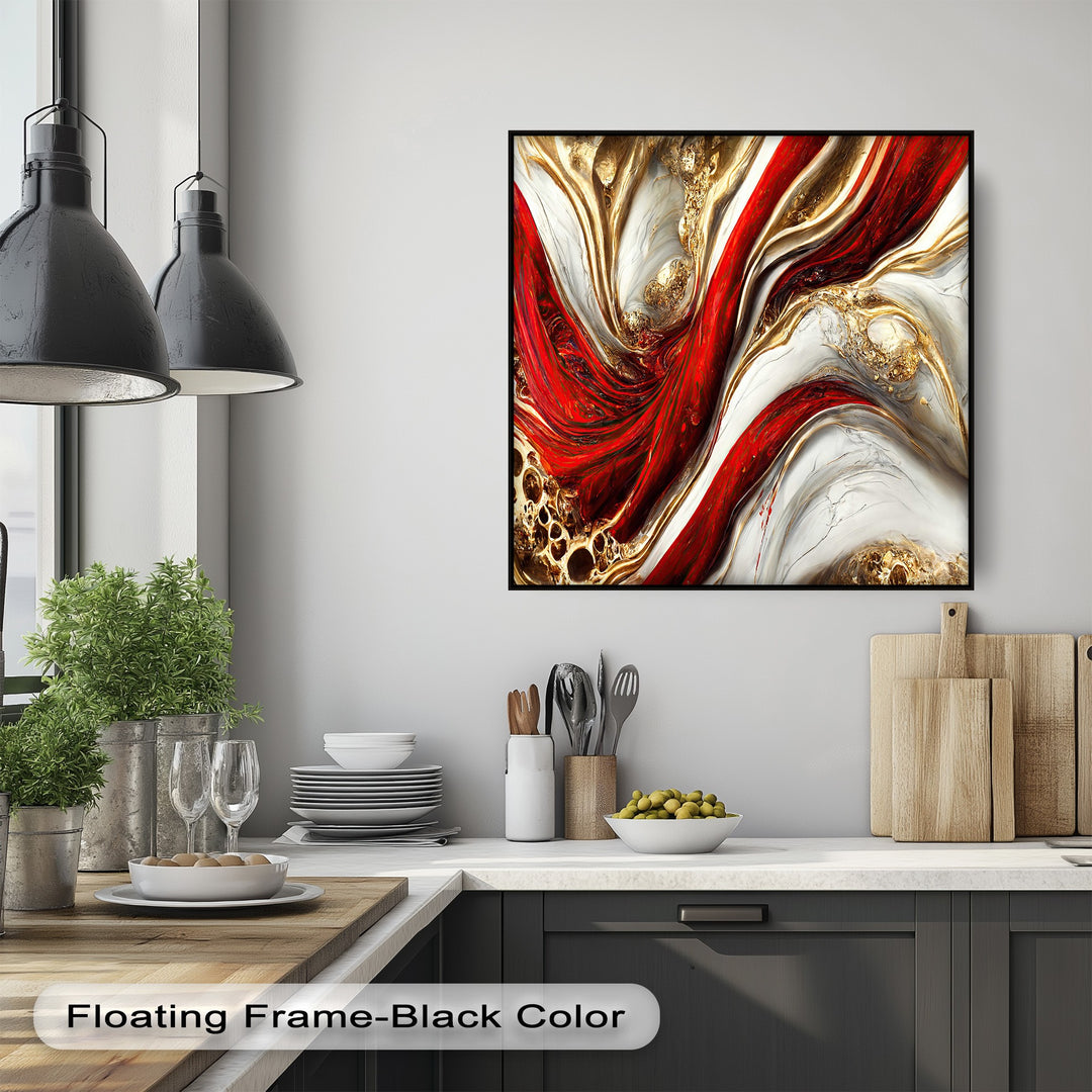 The luxurious material quality of this canvas wall decor highlights the deep red, white marble, and shimmering gold abstract art.