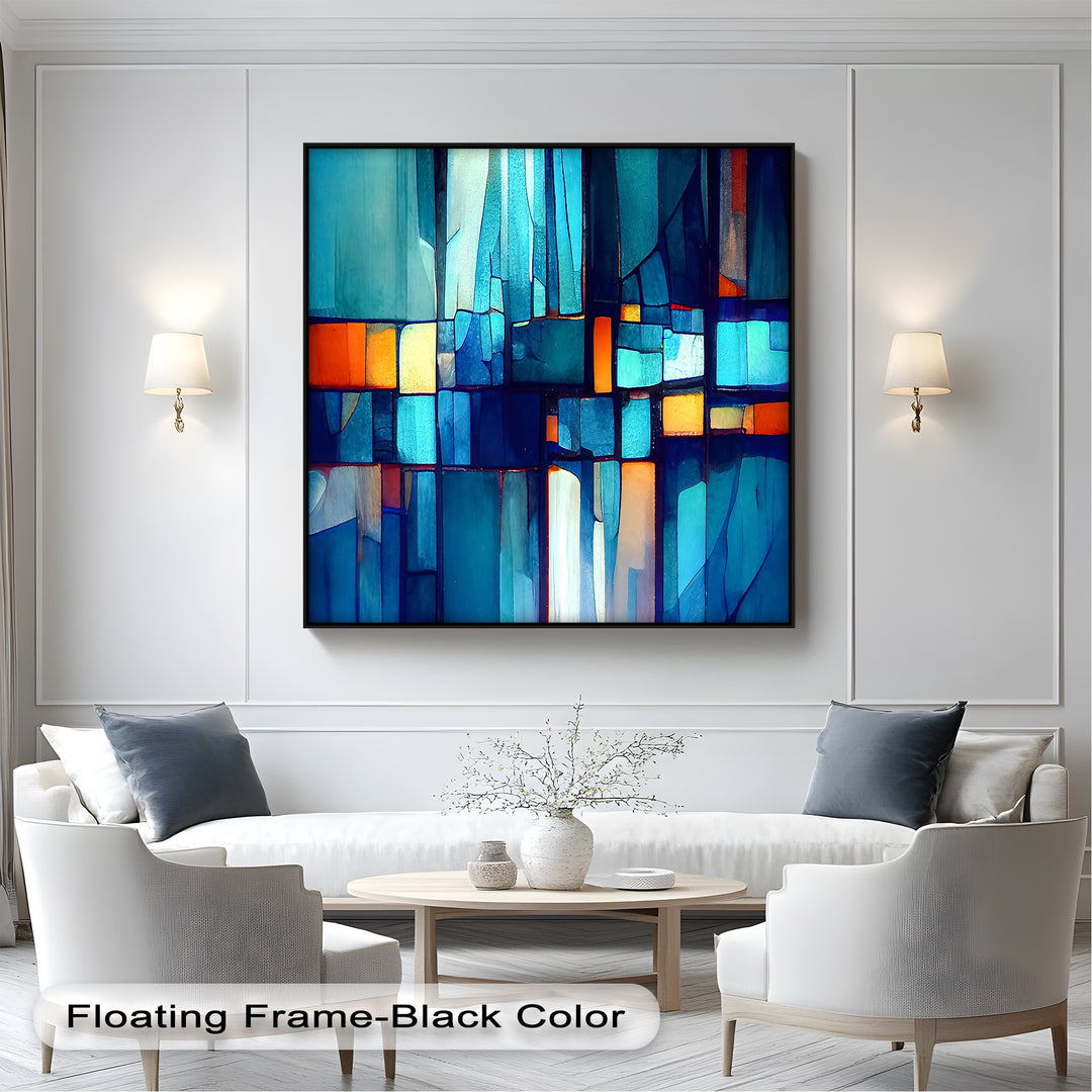 Floating Frame-Black Color' text anchors the foreground, with white furniture complementing blue mosaic canvas art prints.