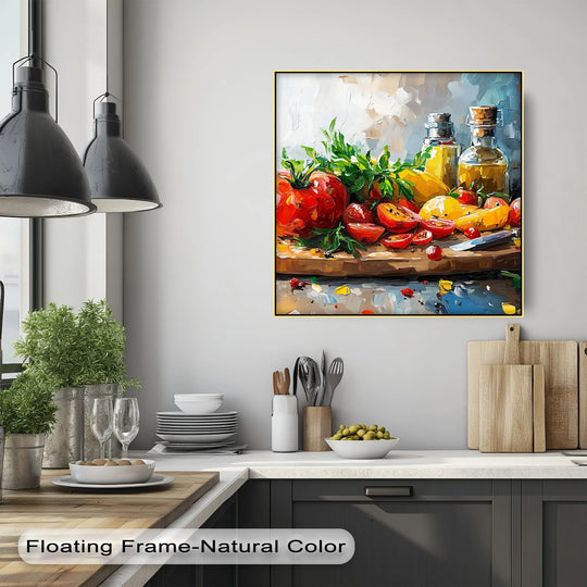 Warm tones dominate the heirloom harvest tomato and olive oil kitchen premium canvas decor print, creating a cozy atmosphere.