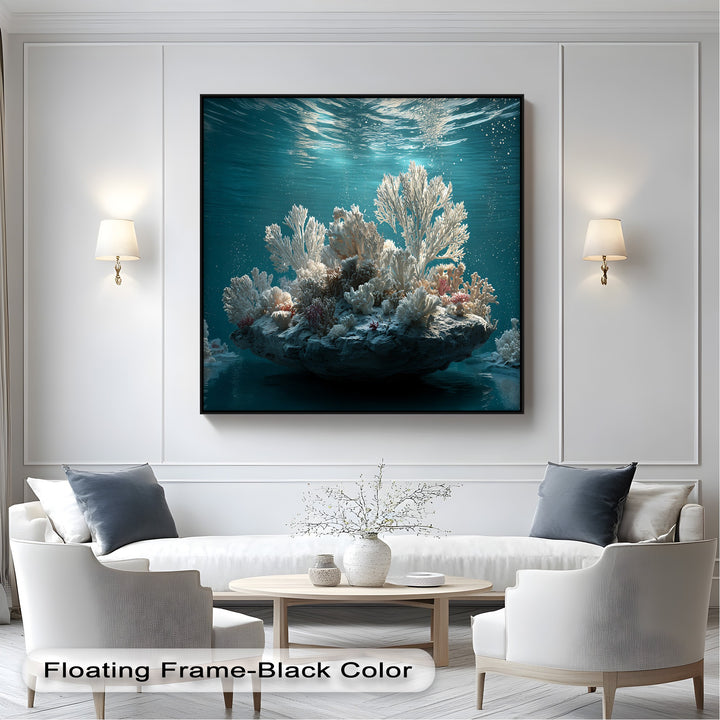 The visual rhythm of thriving white coral reef formations against the deep turquoise ocean creates a serene flow in these stunning canvas pictures.