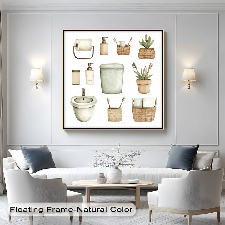 This calming canvas wall art showcases essential bathroom elements in a balanced, earthy palette—perfect for neutral-themed decor and contemporary homes.

