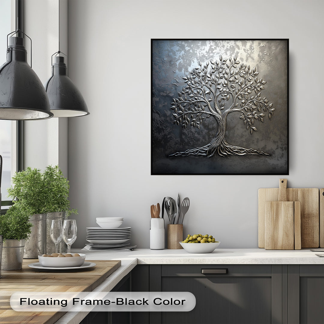 Elegant sculptural silver tree with delicate leaves and roots on a textured dark background, featured as high quality canvas prints.