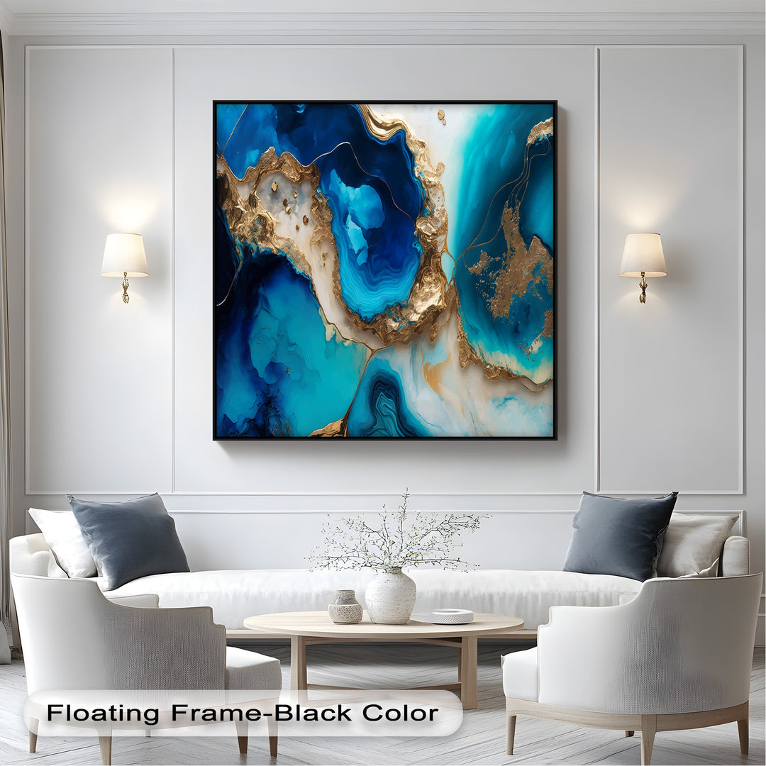 Foreground elements include a coffee table with vases and flowers, harmonizing beautifully with the striking blue gold agate canvas painting.