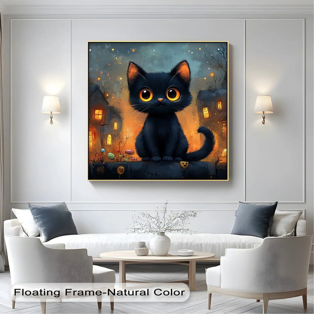 Big-Eyed Black Kitten in a Halloween Town - Cat Canvas Print - MyPhotoStation