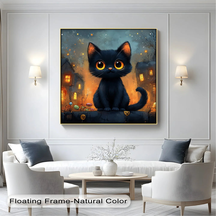 Big-Eyed Black Kitten in a Halloween Town - Cat Canvas Print - MyPhotoStation