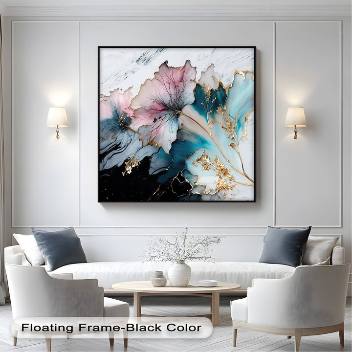 Serene negative space strikingly frames the luxury pastel floral unique canvas print, showcasing delicate abstract flowers with vibrant gold accents.
