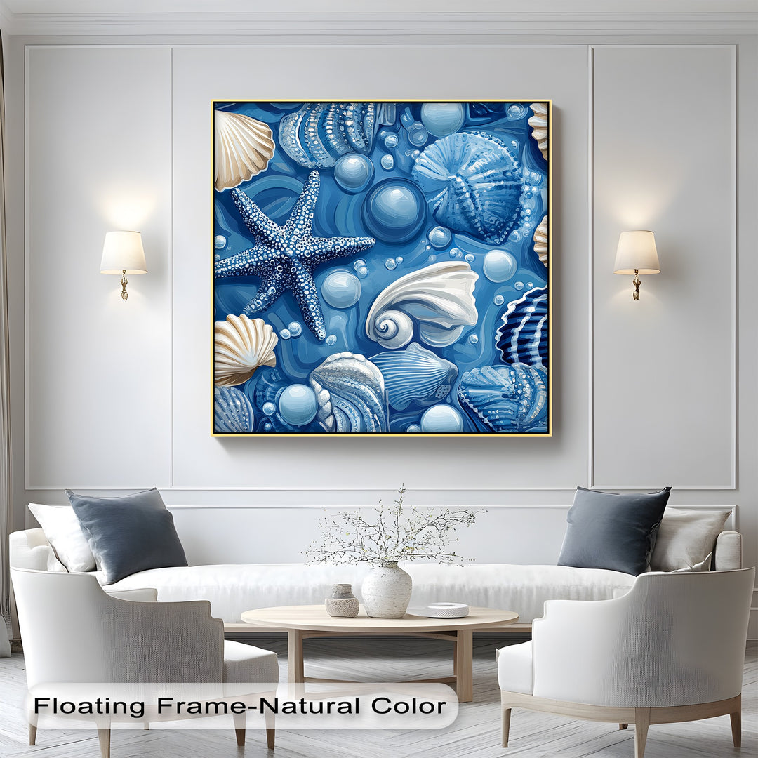 Designed for modern coastal spaces, this nautical canvas print blends vivid marine blues with organic shell shapes to create a dynamic visual centerpiece.

