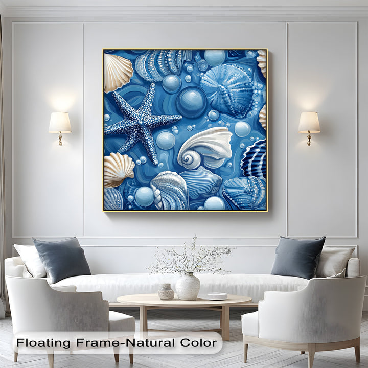 Designed for modern coastal spaces, this nautical canvas print blends vivid marine blues with organic shell shapes to create a dynamic visual centerpiece.

