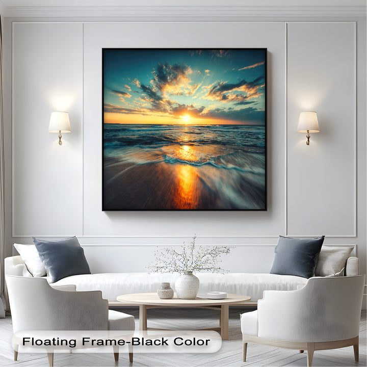 The abstract quality of the radiant golden sunset reflecting on dynamic turquoise waves creates a serene canvas painting.
