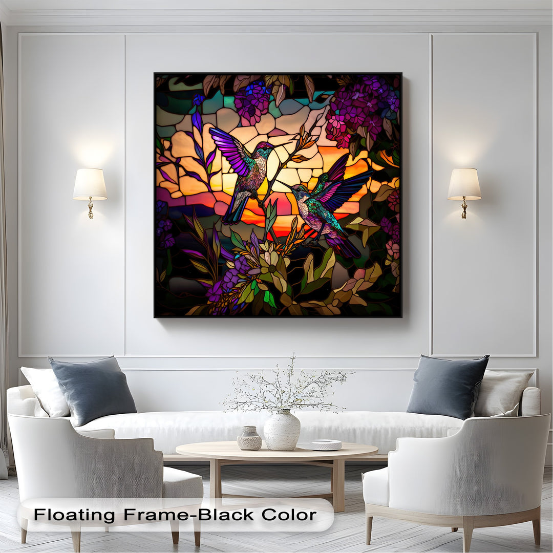 High color saturation on this hanging canvas brings vibrant stained glass hummingbirds, flowers, and a glowing sunset to life, creating stunning floral art.