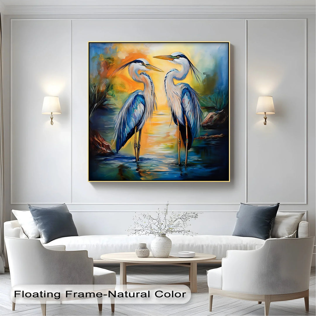 Twin Grace – Elegant Blue Herons at Sunset Canvas Wall Art - MyPhotoStation