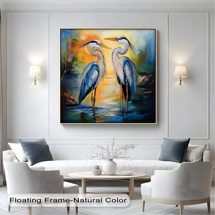 Twin Grace – Elegant Blue Herons at Sunset Canvas Wall Art - MyPhotoStation