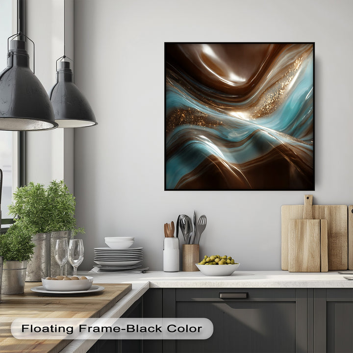 The focal point is a captivating best canvas prints abstract art, showcasing luxurious brown, blue, and glittering gold flow patterns in a sleek black frame.