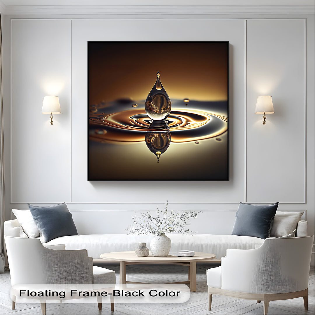 The mesmerizing focal point shows a suspended golden water drop creating smooth ripples, an exquisite piece of canvas art prints.