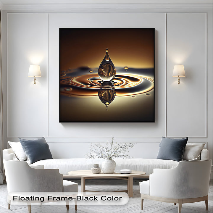 The mesmerizing focal point shows a suspended golden water drop creating smooth ripples, an exquisite piece of canvas art prints.