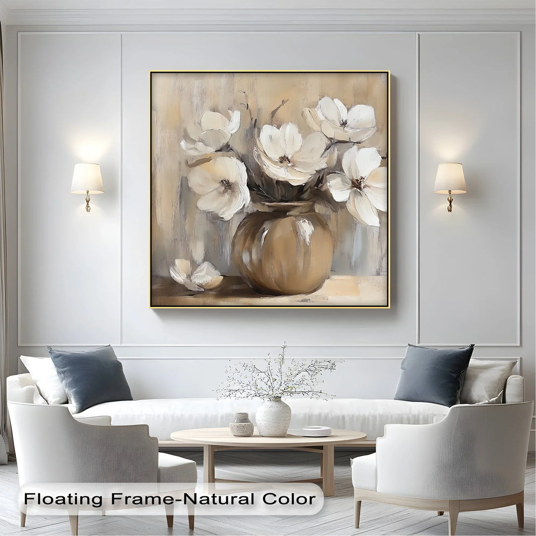 Vintage Serenity – Beige Vase with Cream Flowers Canvas Wall Art - MyPhotoStation
