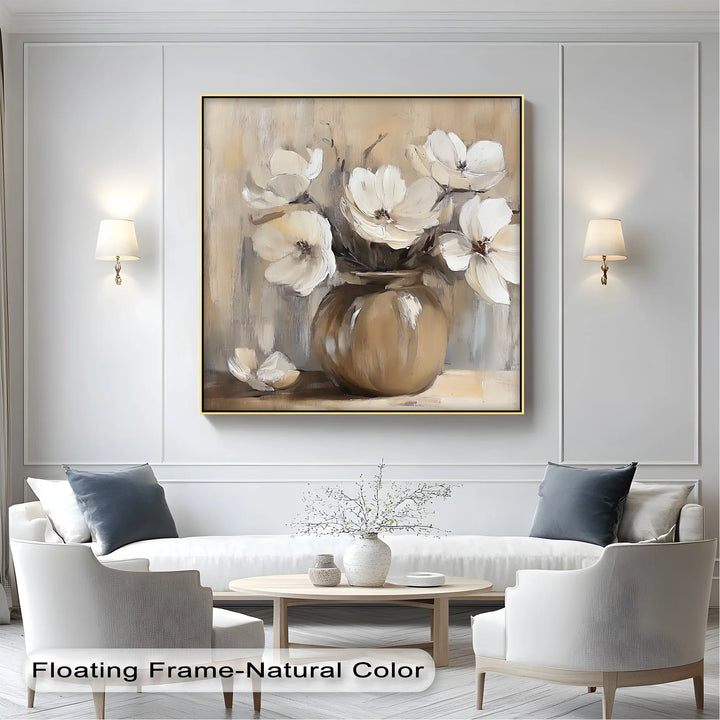 Vintage Serenity – Beige Vase with Cream Flowers Canvas Wall Art - MyPhotoStation