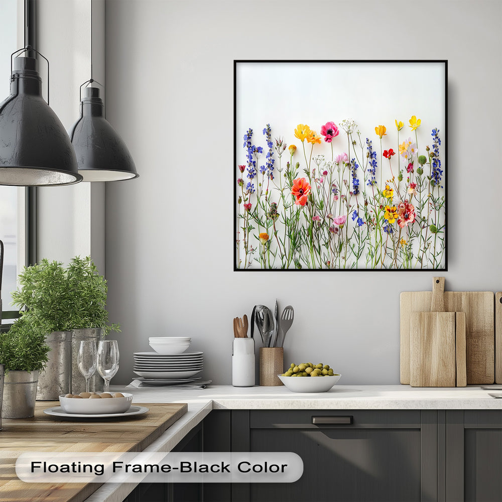 The brightest area, a pristine white background, beautifully highlights the vibrant, fresh floral garden canvas art with colorful wildflowers.