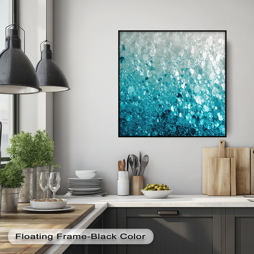 The sleek black floating frame elegantly borders the shimmering turquoise bubble canvas art, highlighting its abstract water texture.