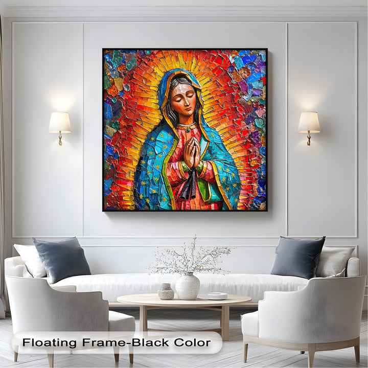 Showcasing superior material quality, this vibrant Our Lady of Guadalupe mosaic canvas art highlights intricate details.