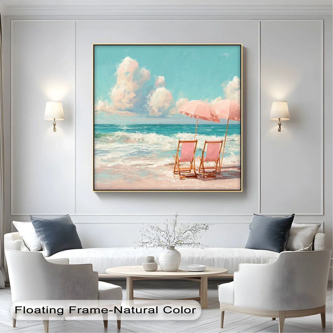 Serene Beach Escape with Pink Umbrellas – Seaside Canvas Print - MyPhotoStation