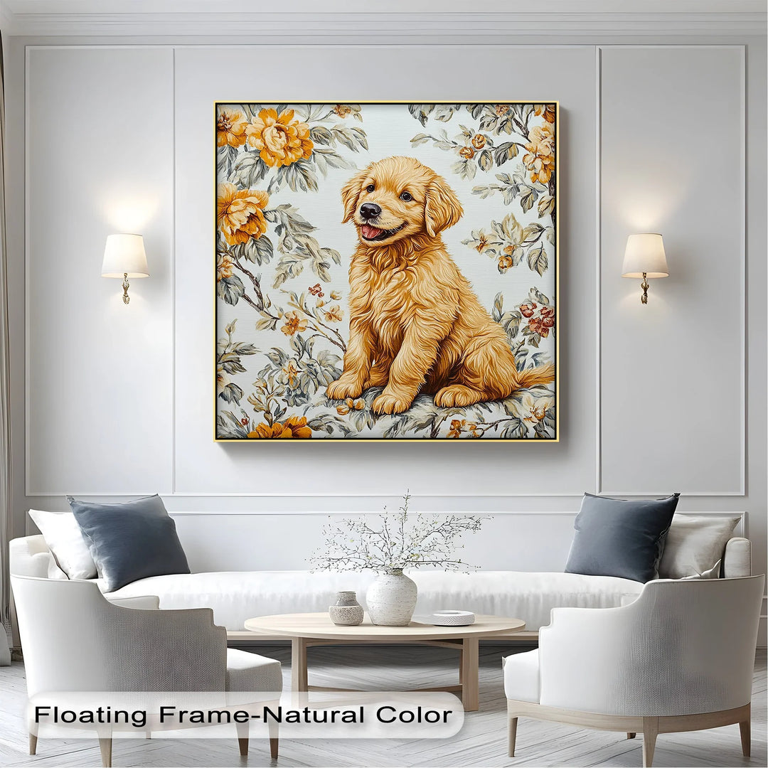 Smiling Golden Retriever Puppy with Vintage Floral Backdrop - Canvas Print - MyPhotoStation