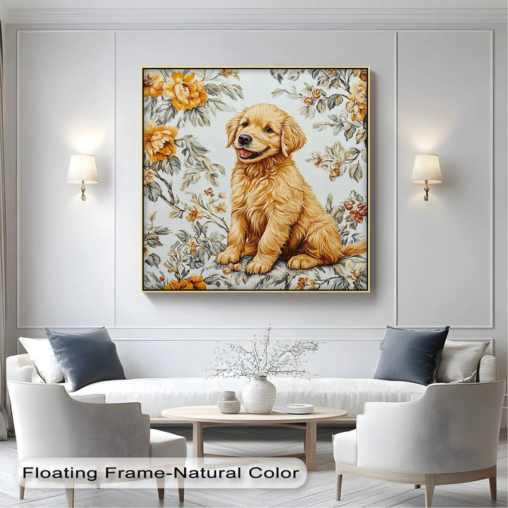 Smiling Golden Retriever Puppy with Vintage Floral Backdrop - Canvas Print - MyPhotoStation