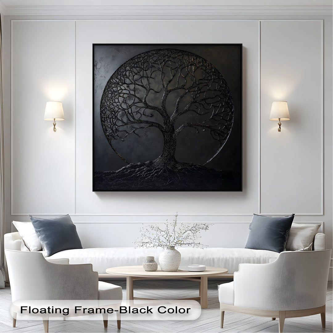 Visual rhythm created by the intricate, branching Black Tree of Life canvas pictures, a dark minimalist nature wall art.