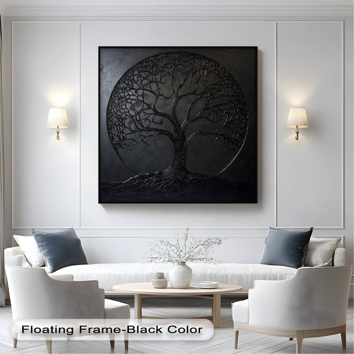 Visual rhythm created by the intricate, branching Black Tree of Life canvas pictures, a dark minimalist nature wall art.