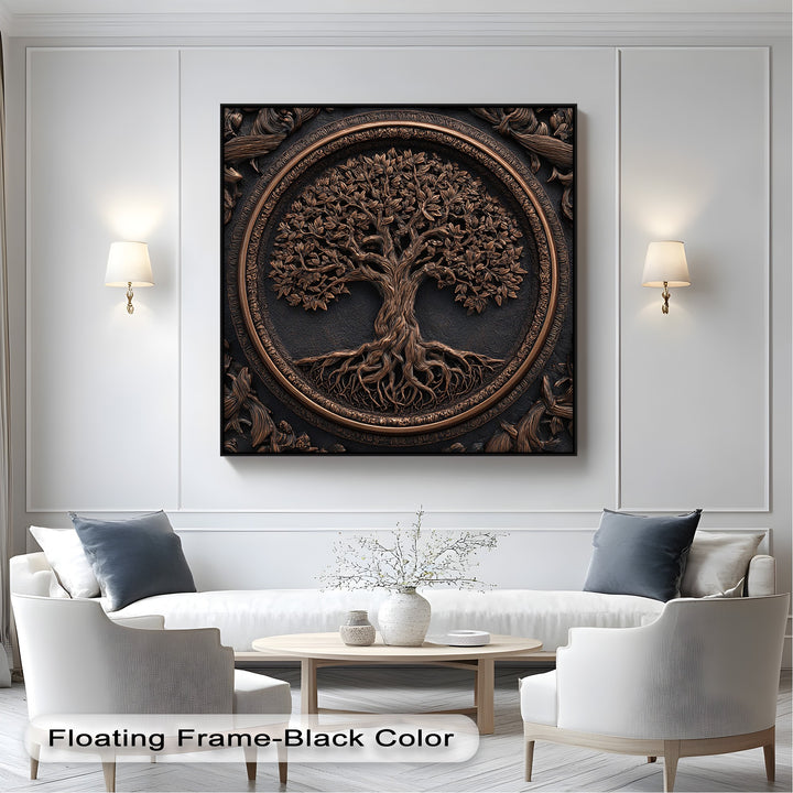 A sophisticated mood is evoked by this rustic Bronze Tree of Life canvas art print, enriching the elegant and serene living space.