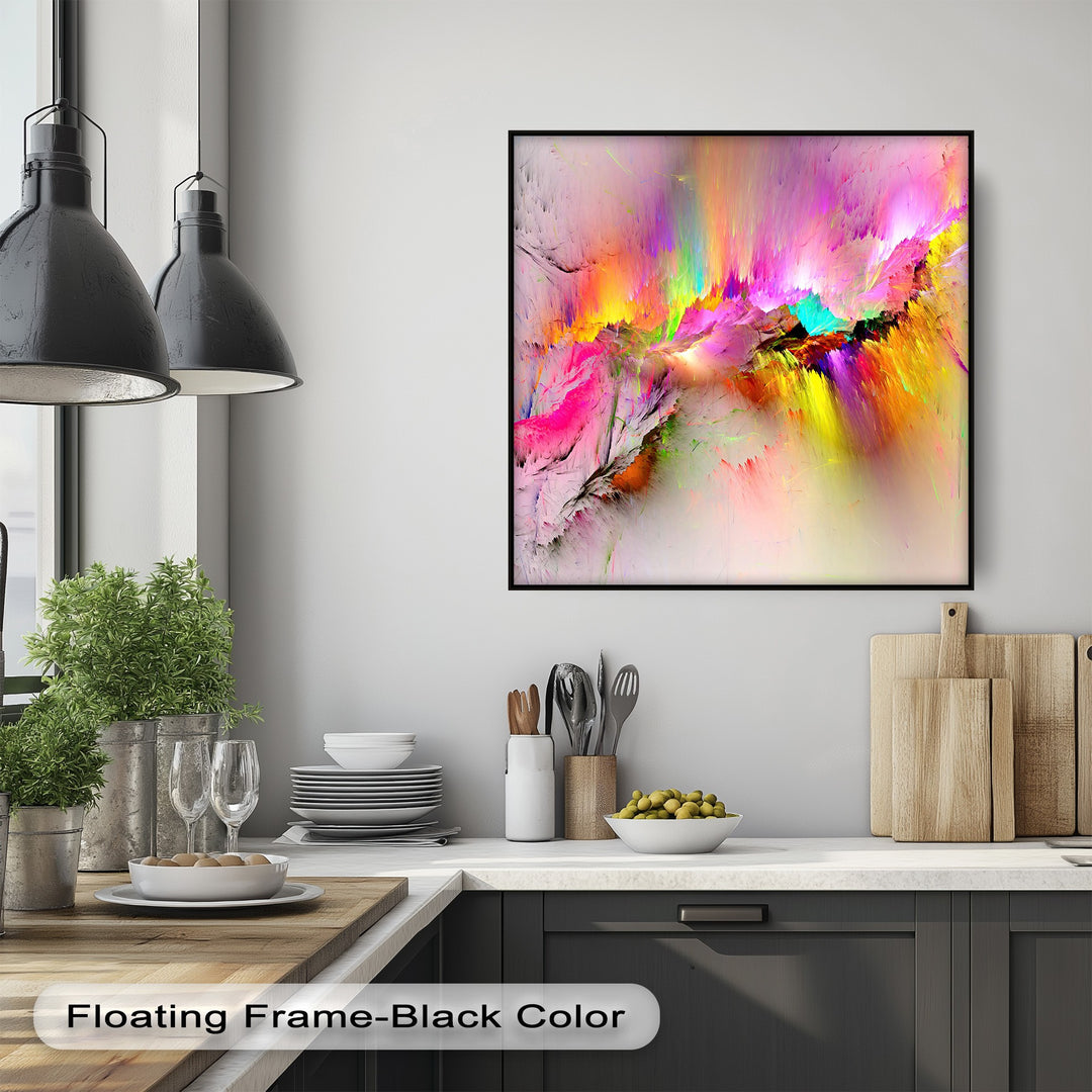 A dynamic Color Burst premium canvas decor explodes with vibrant pink, yellow, turquoise, and purple hues against a light kitchen wall.