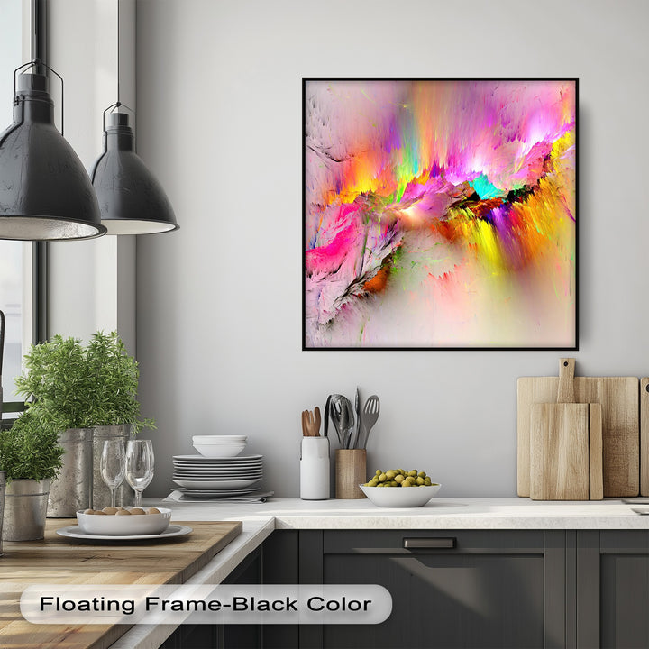 A dynamic Color Burst premium canvas decor explodes with vibrant pink, yellow, turquoise, and purple hues against a light kitchen wall.