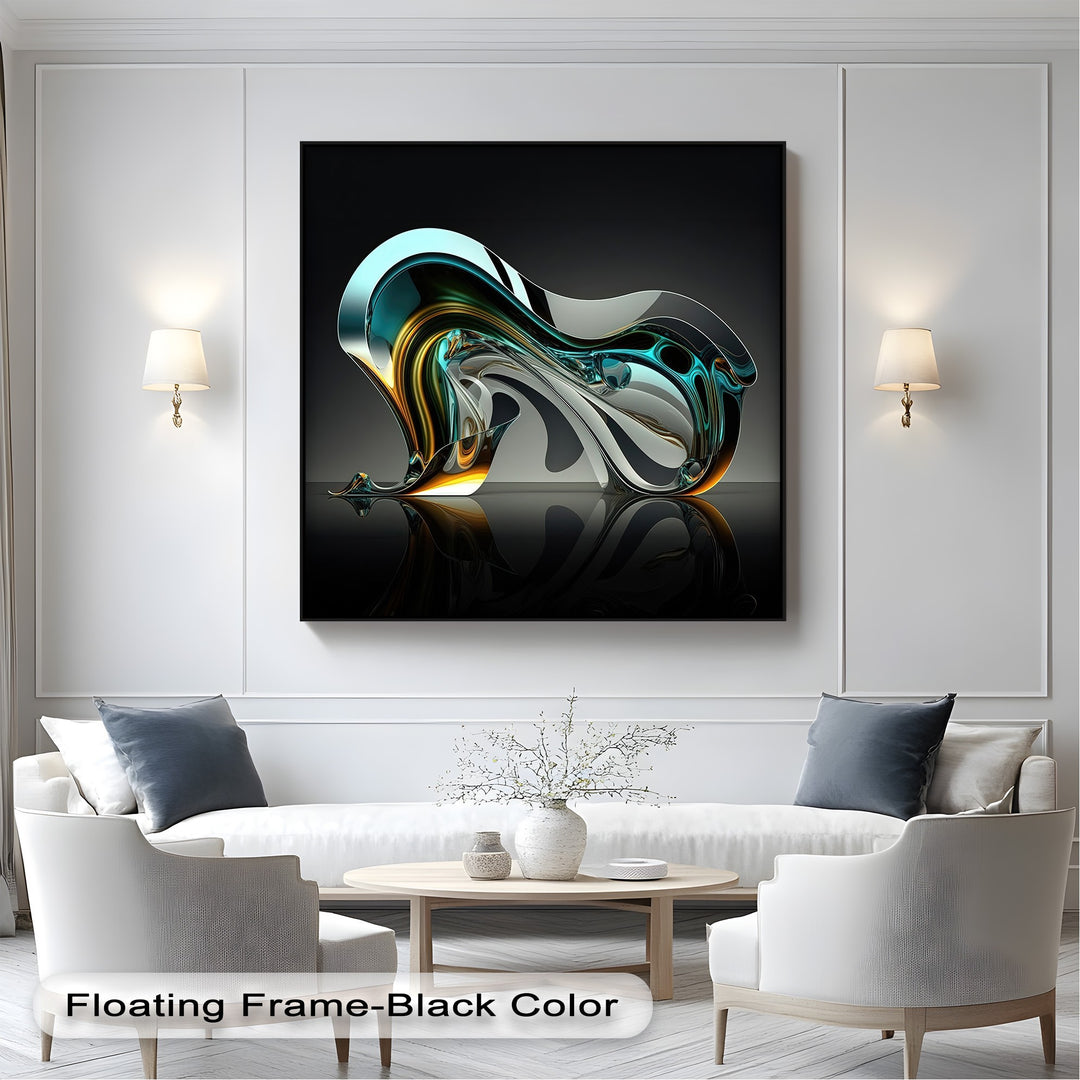 The smooth finish of this aqua glass flow canvas painting beautifully enhances the reflective, abstract, flowing forms in vibrant aqua, gold, and white.