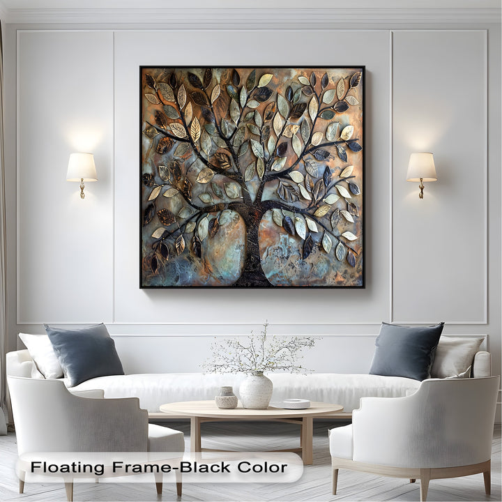 The realistic detail of this 3D style canvas artwork features sculptural branches and layered metallic leaves in earthy vintage tones.