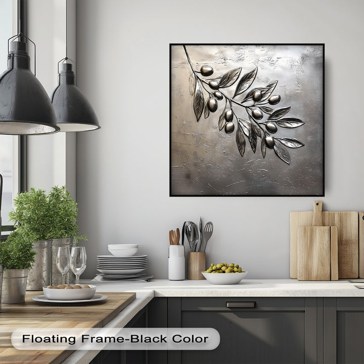 Heavily textured surface of a silver olive branch unique canvas print, showcasing embossed metallic leaves and olives on a gray background.