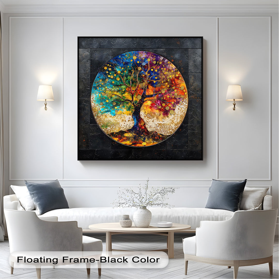 The vibrant, swirling hues and golden accents of this round abstract nature unique canvas print create a dynamic sense of lively movement.