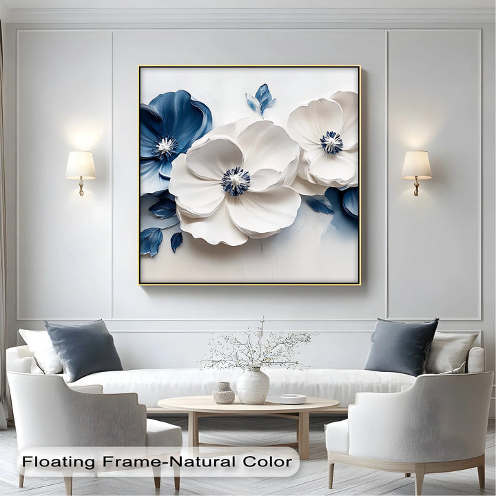 Blue Serenity Blooms – White and Navy Floral Canvas Wall Art - MyPhotoStation